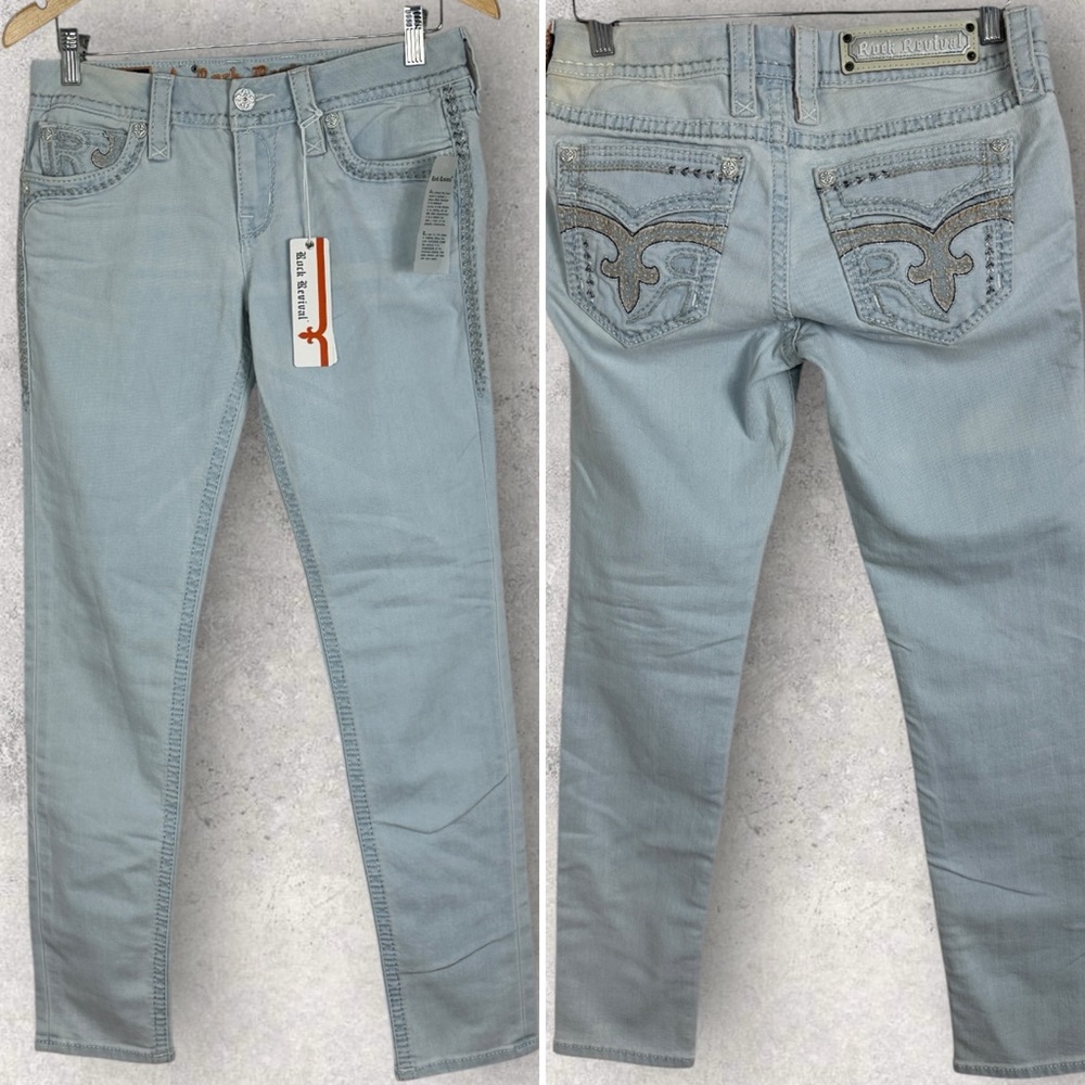NWT Rock Revival Braylee 5210 Skinny Jeans Light Blue Denim Womens Size 28 Y2K